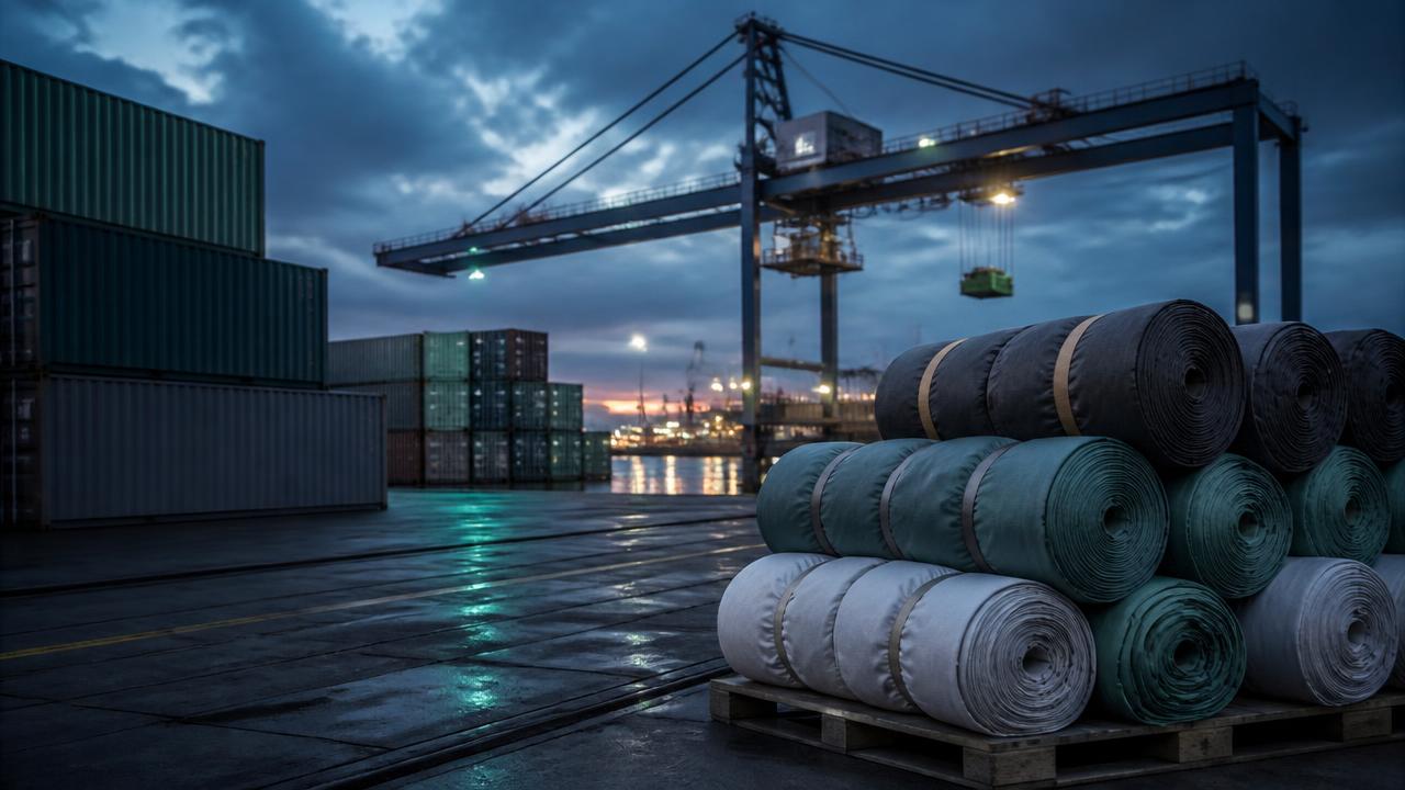 Container terminal at dusk with stacked shipping containers, a gantry crane and rolls of textile fabric on a pallet in the foreground