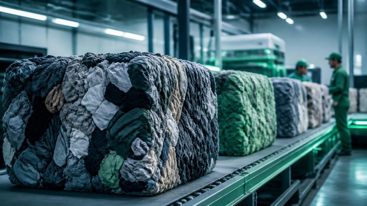 Compressed bales of sorted textile waste moving along a conveyor line inside a modern recycling and sorting facility